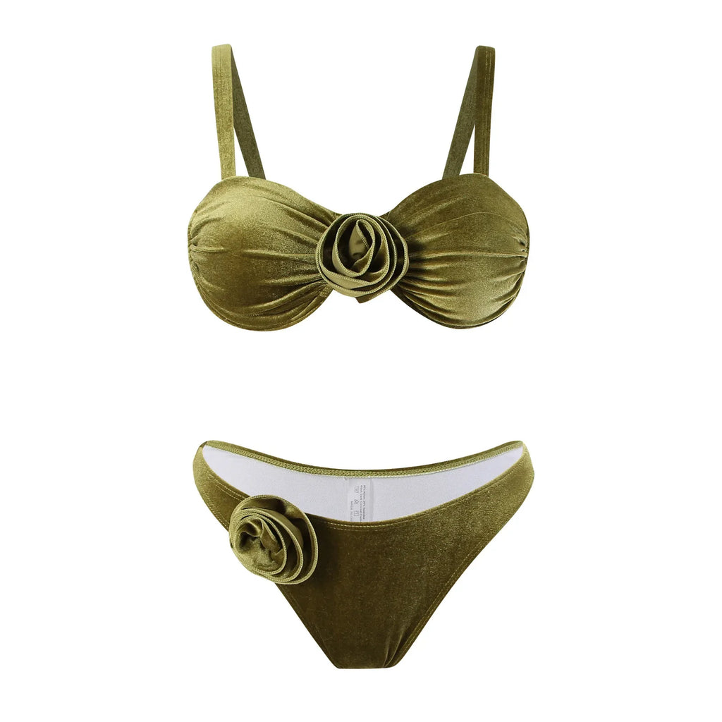 Green flower push up velvet two piece swimsuit