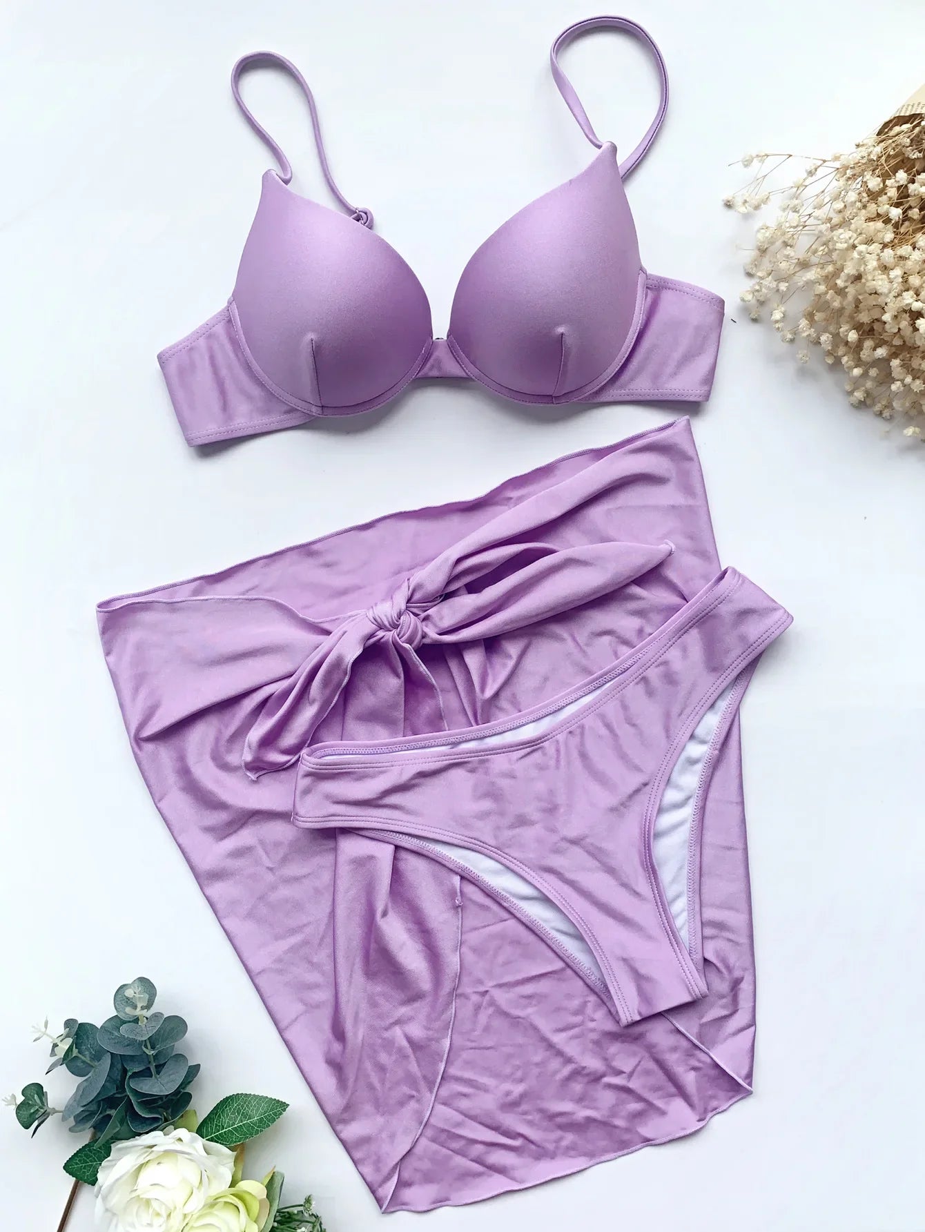 Women solid push up underwire three piece set