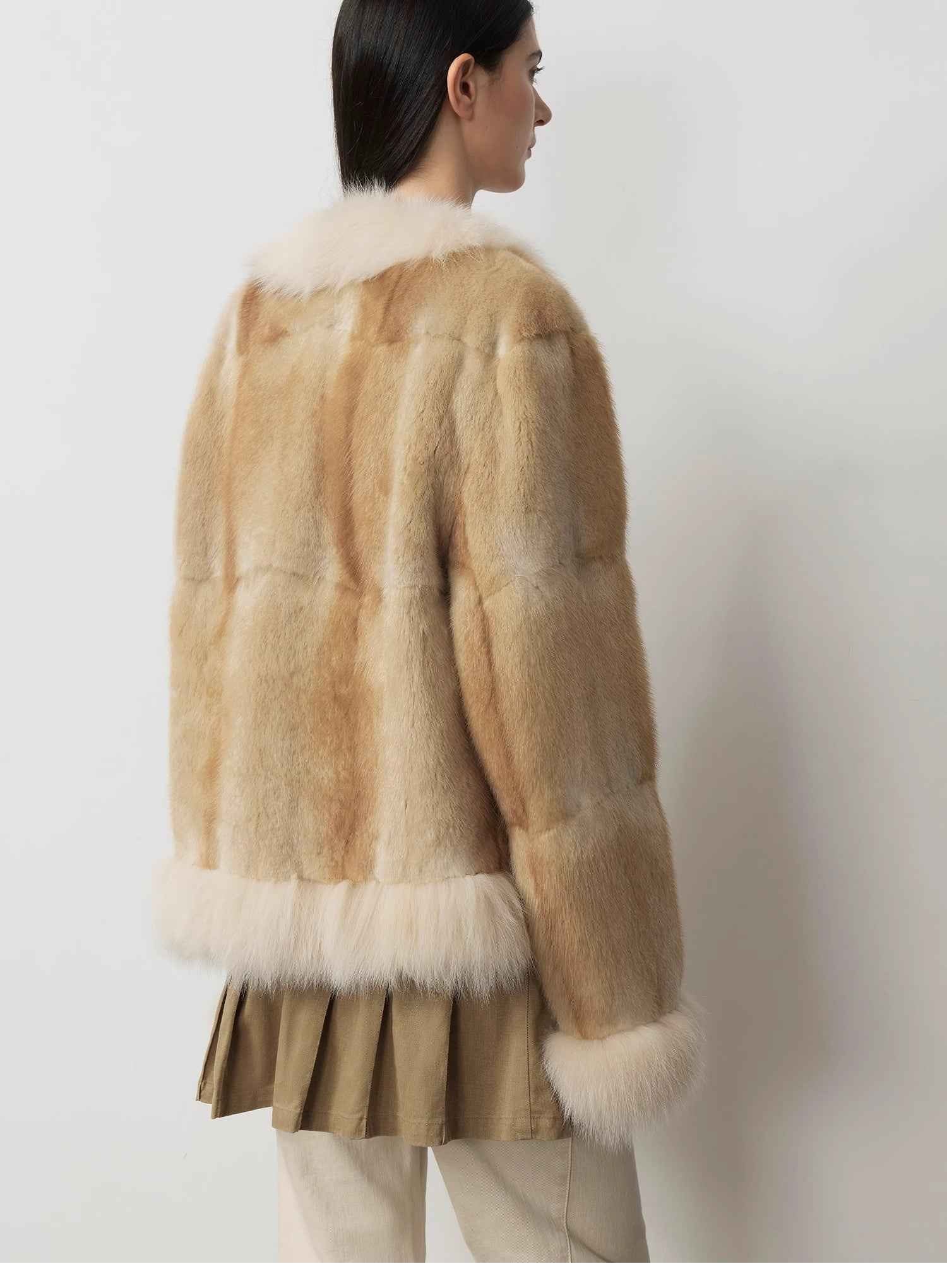 Fireladyfur Women's Blue Muskrat & Fox Fur Patchwork Coat "Casual Gene"