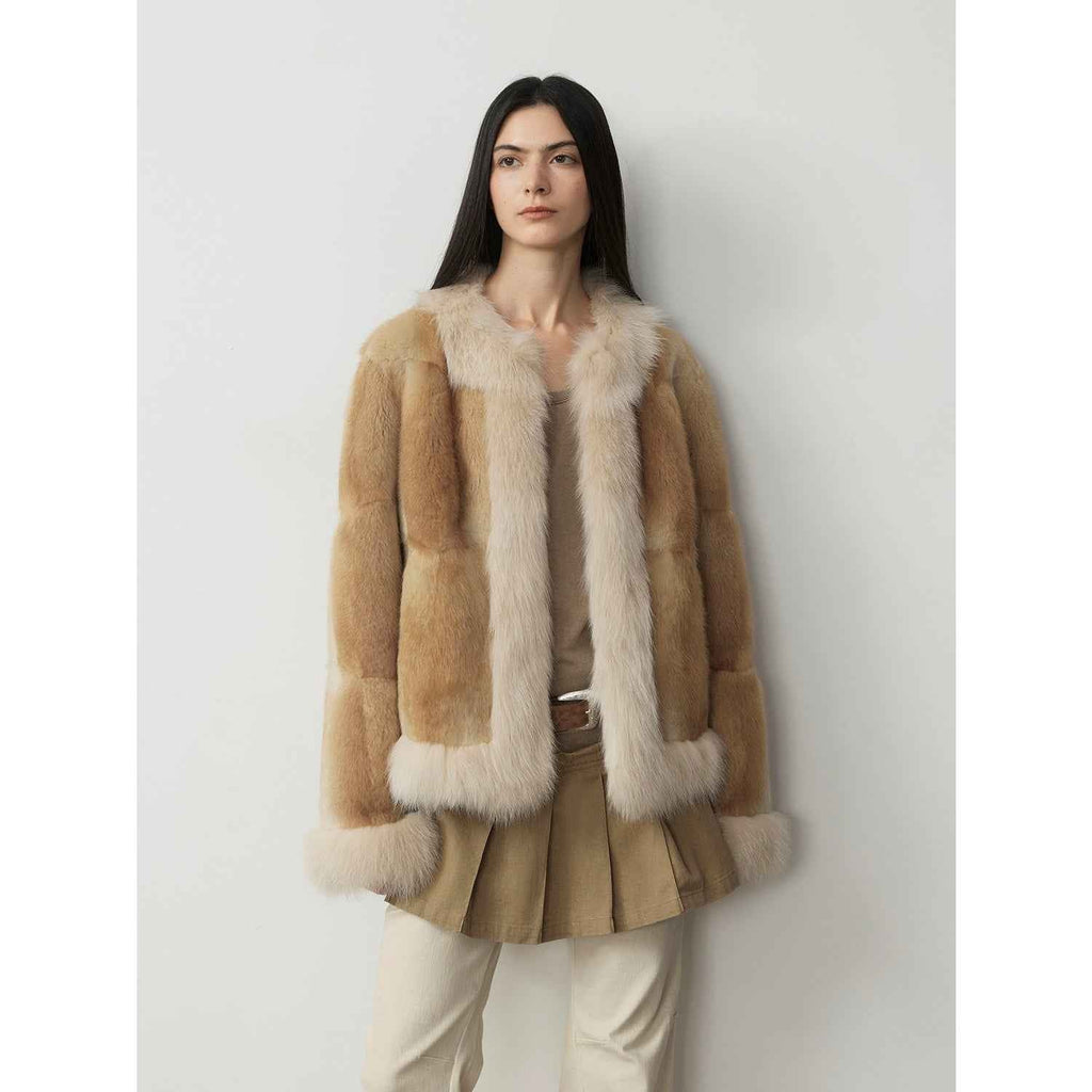 Fireladyfur Women's Blue Muskrat & Fox Fur Patchwork Coat "Casual Gene"