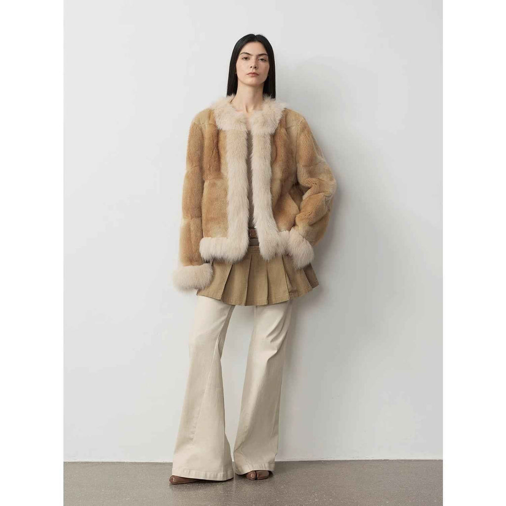 Fireladyfur Women's Blue Muskrat & Fox Fur Patchwork Coat "Casual Gene"