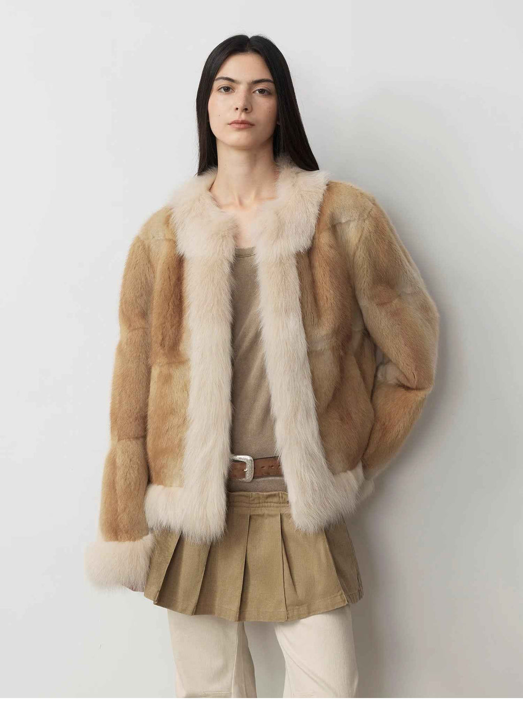 Fireladyfur Women's Blue Muskrat & Fox Fur Patchwork Coat "Casual Gene"