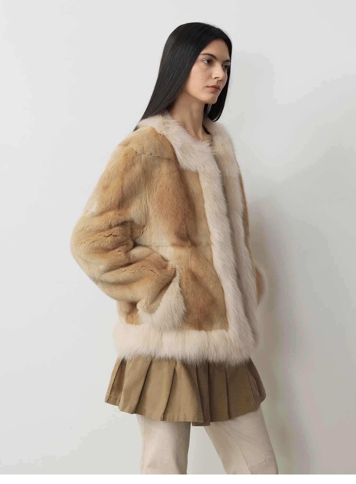 Fireladyfur Women's Blue Muskrat & Fox Fur Patchwork Coat "Casual Gene"